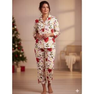 EUC BedHead Cropped Woven Pajama Set  Holiday Christmas Poinsettia Print Large